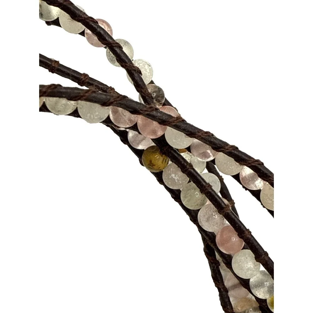 Victoria Emerson Wrap Bracelet Brown Leather Multicolor Stone Beaded Boho 33-36